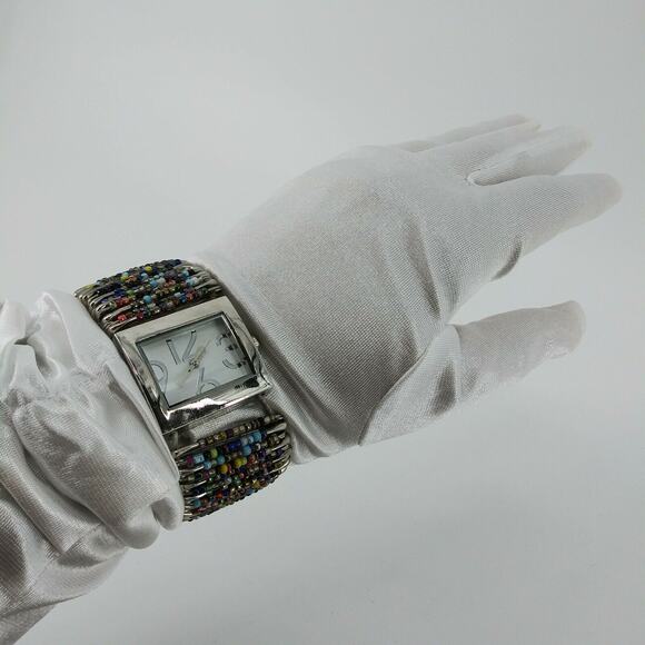 Women's Fashion Wristwatch Made of Safety Pins and Beads Stretchy Bracelet Watch - Picture 10 of 12